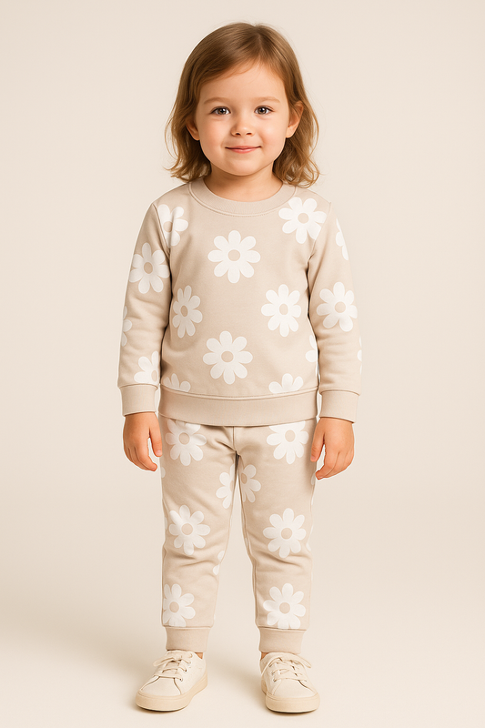 Premium Winter Full sleeves Tshirt with Pant (Beige Daisy)