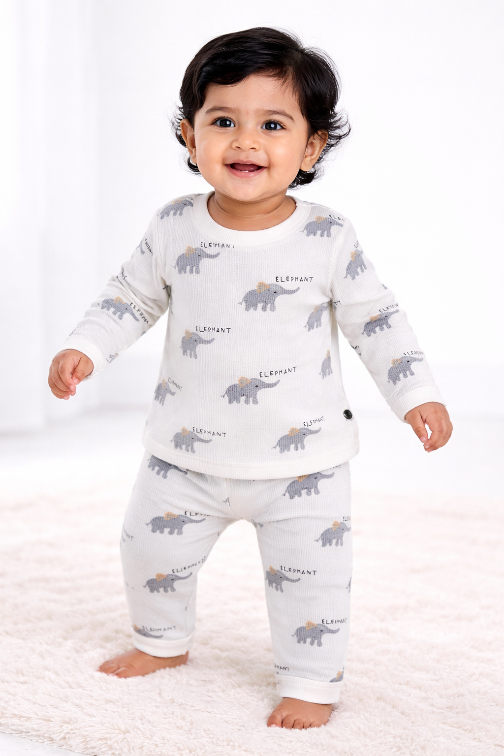 Premium Full sleeves Ribbed Tshirt with Pant (Cream Elephant)