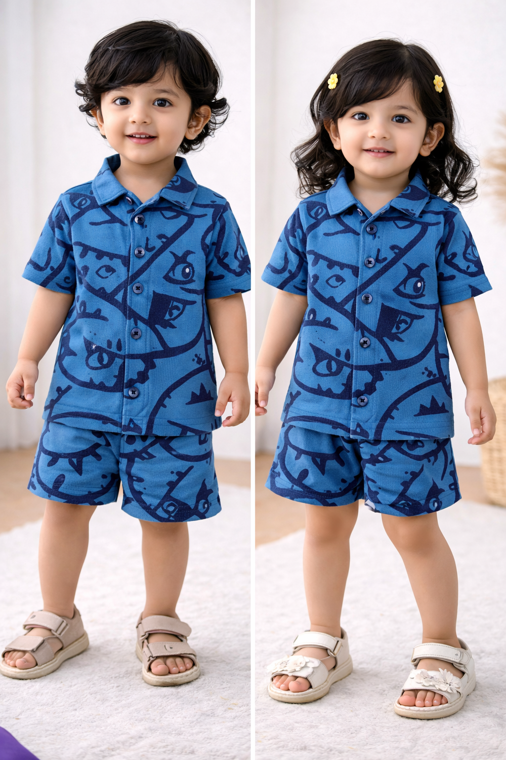 POLO Front open Tshirt with Shorts Sets (Blue Face)