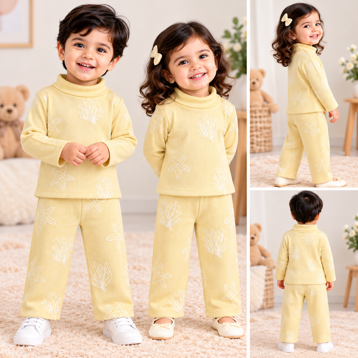 High Neck Ribbed  Full sleeves Tshirt with Pant (Yellow Star)