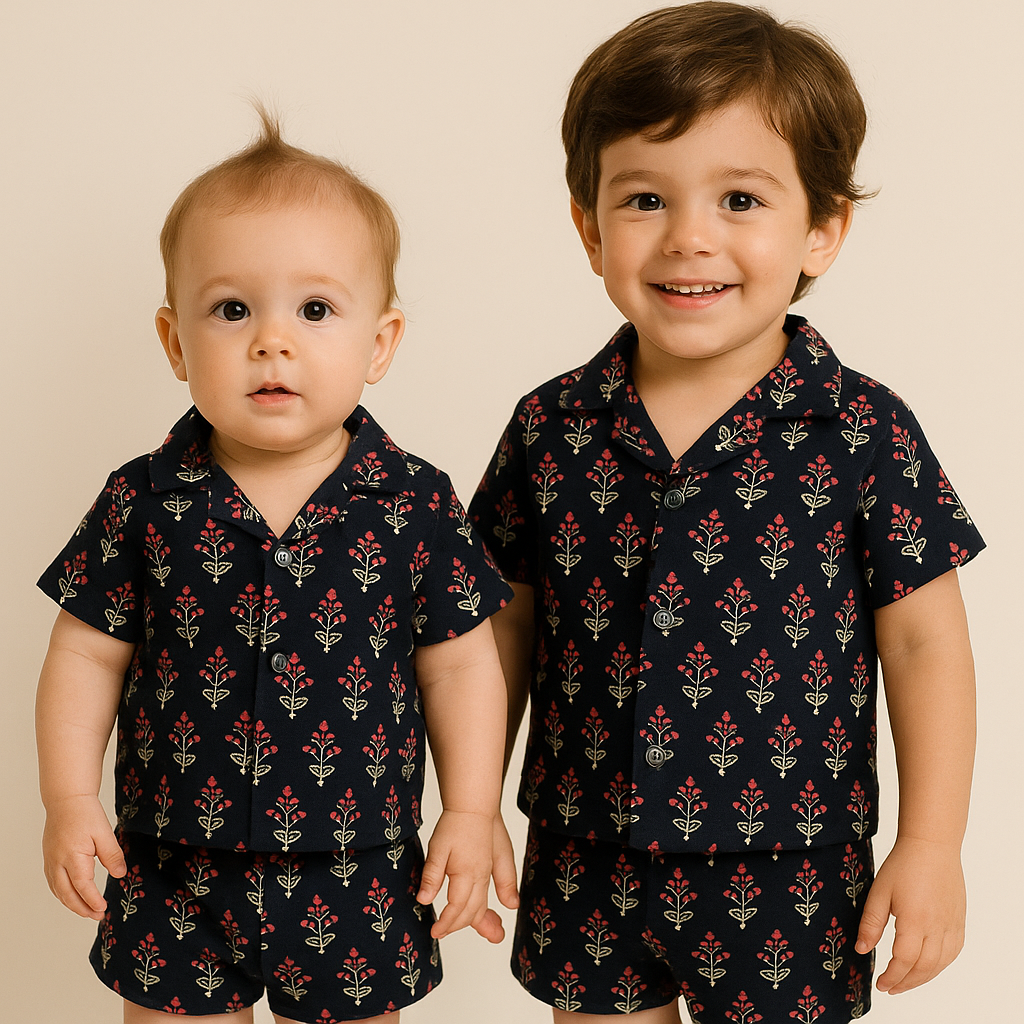 Muslin Front open Tshirt with Shorts Sets (Navy Flower)