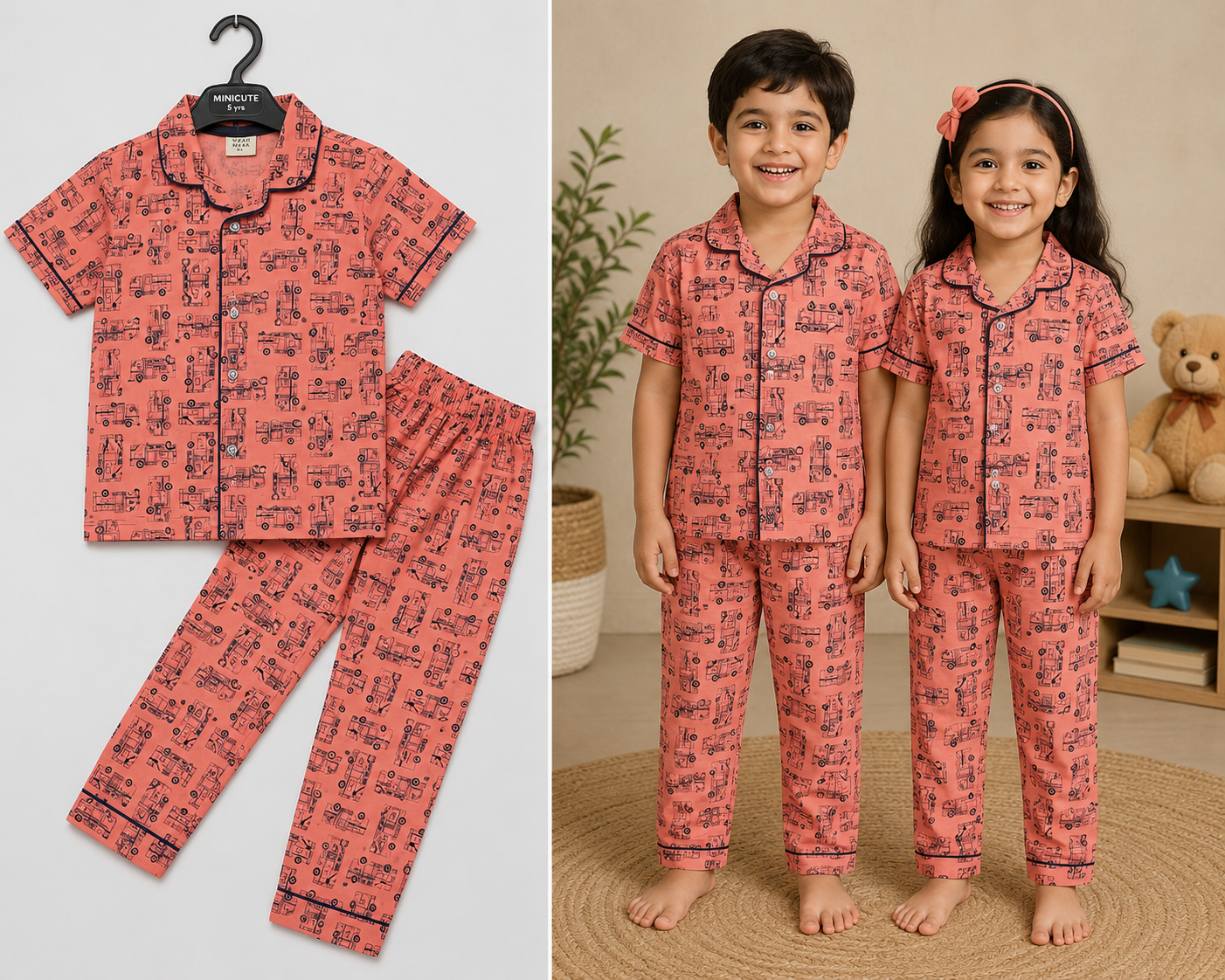 Kids Collar Night Suit Set (Rust Truck)
