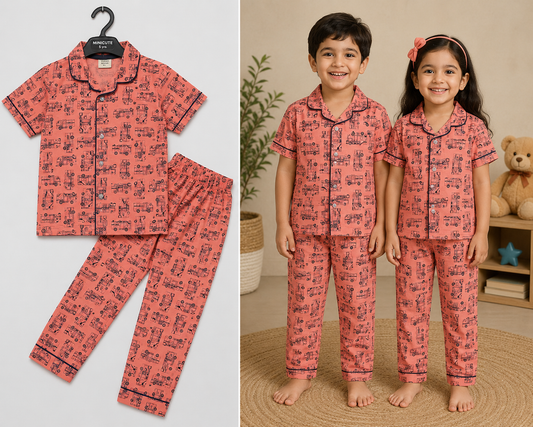 Kids Collar Night Suit Set (Rust Truck)