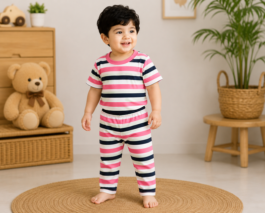 Soft Cotton Half sleeves Tshirt with Pant ( Pink White Stripes)