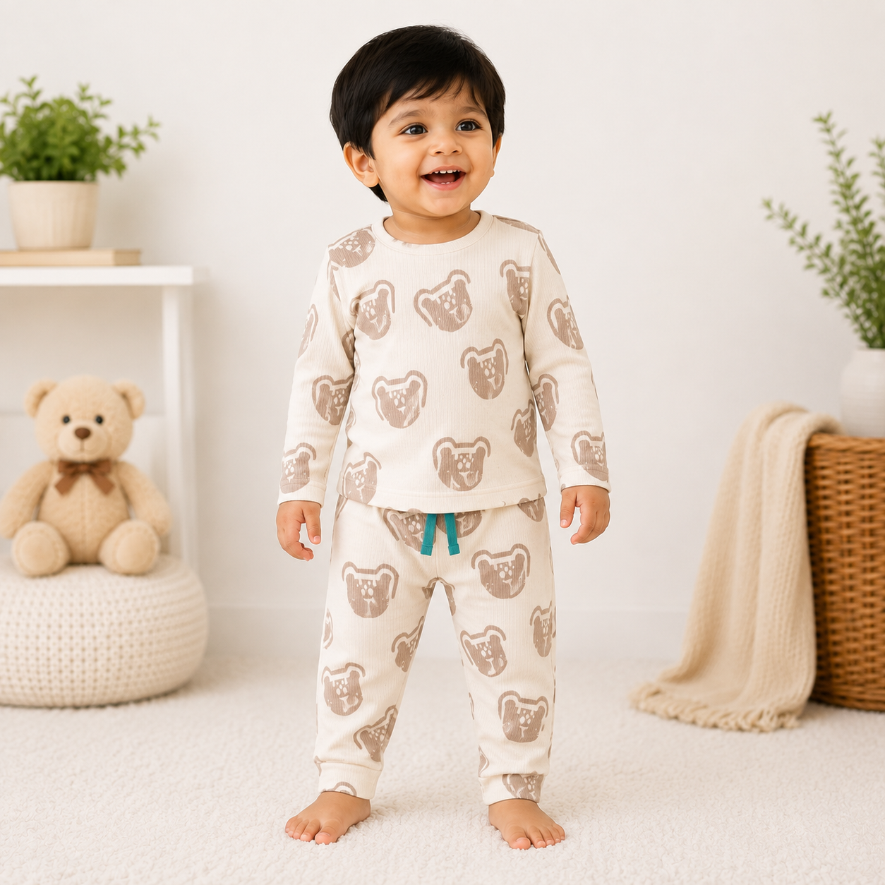 Premium  Ribbed Full  sleeves Tshirt with Pant ( Cream Toys Face)