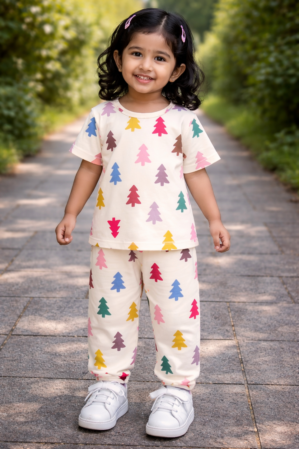 Premium Ribbed Half Sleeves Pajama Set ( Colorful Christmas tress)