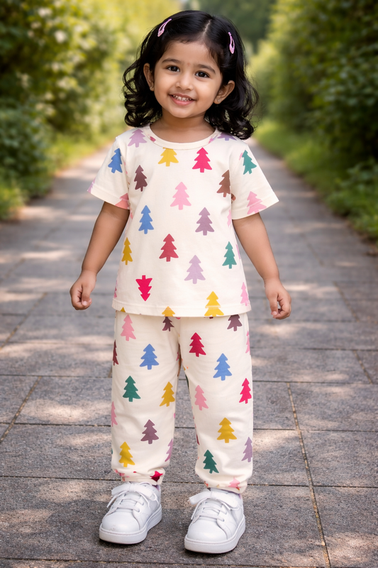 Premium Ribbed Half Sleeves Pajama Set ( Colorful Christmas tress)