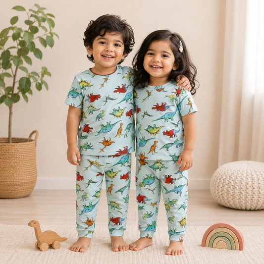 Premium Single Ribbed  Half sleeves Tshirt with Pant (Large Dino)