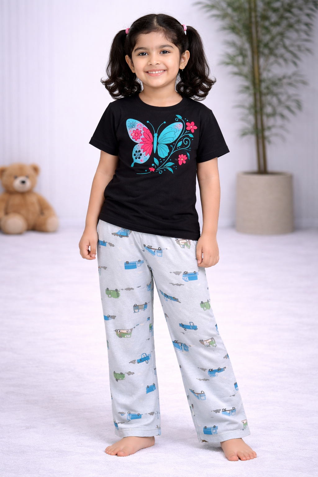 Premium Cotton Contrast Half Sleeves Pajama Set (Black Butterfly - Ice Blue Transport)