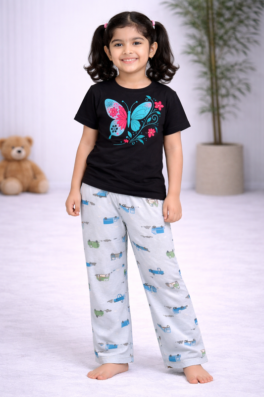 Premium Cotton Contrast Half Sleeves Pajama Set (Black Butterfly - Ice Blue Transport)
