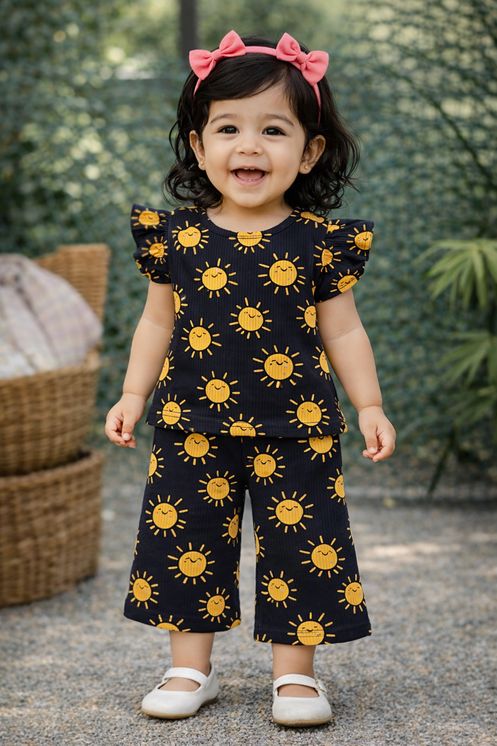 (FT002) - Frill Top & Palazzo Pant set (Black Flower)