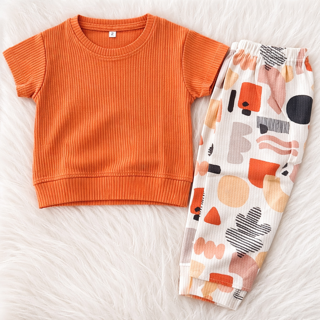 Premium Ribbed Half sleeves Tshirt with Contrast Pant( Coral Colorful Shapes)