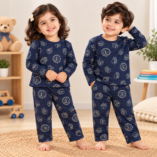 Premium Winter Full Sleeves T-Shirt with Pant (Navy Fingers) (Fleece)