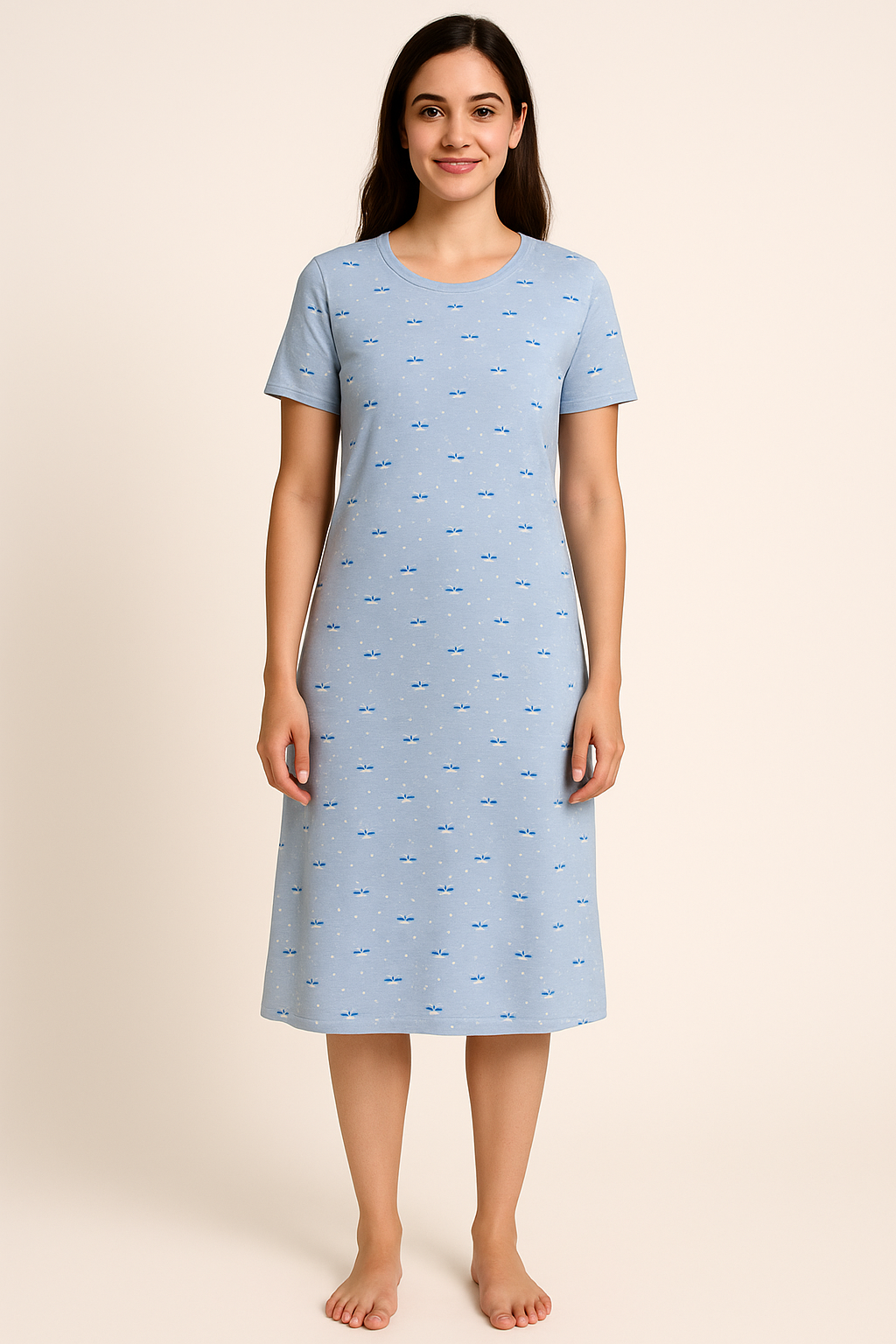 Women's Long POLO A-Line Top (Blue Flower)