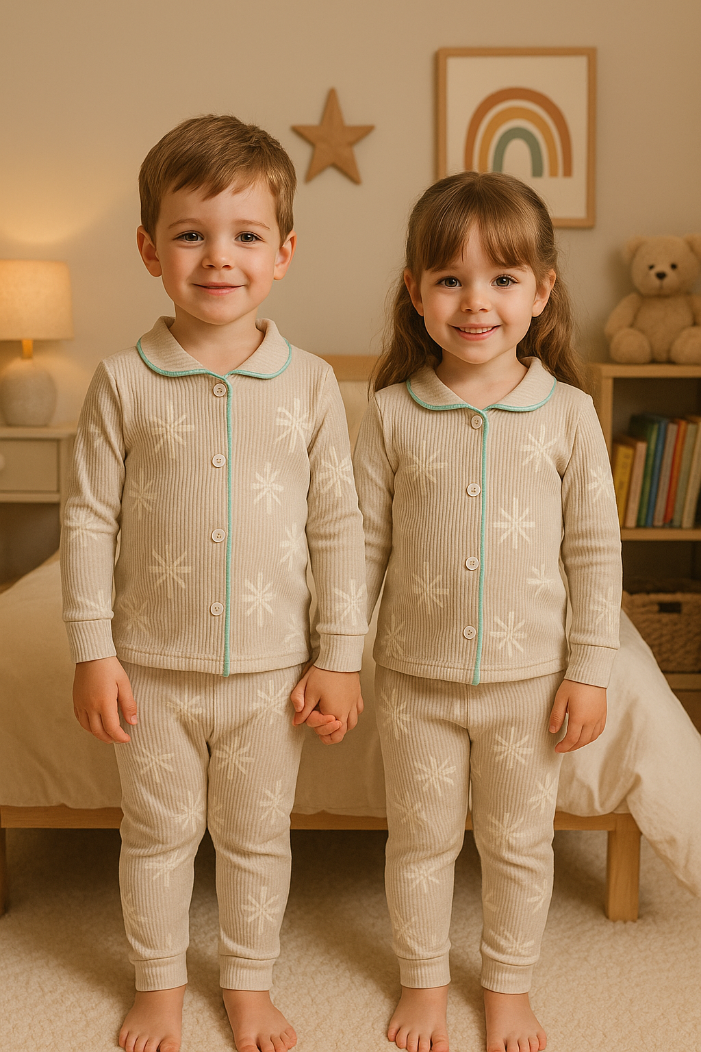 Kid's Collar night Suits (Beige Flower)