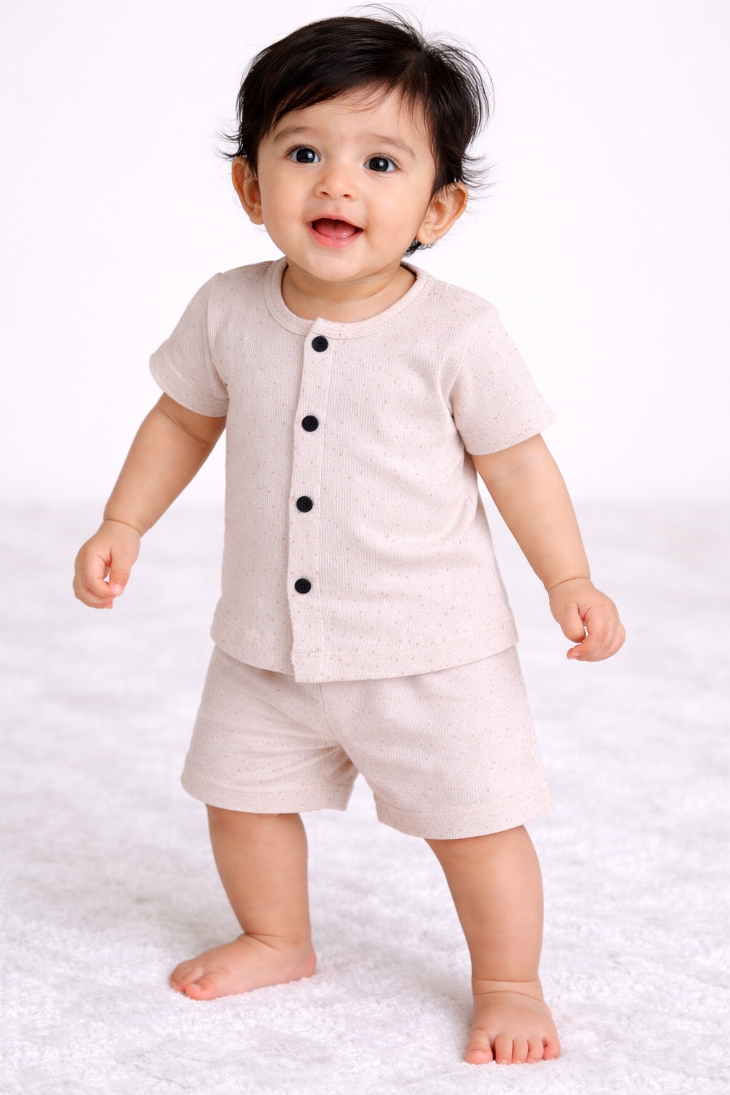 Airport - Crinkled  Front open Tshirt with Shorts Sets (Light Peach small  Dots)