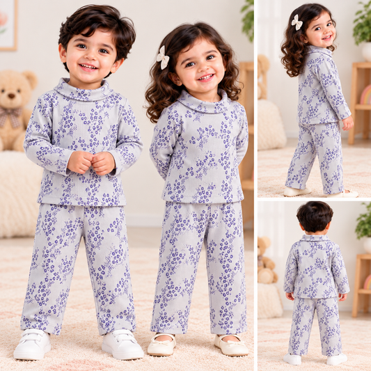 High Neck Ribbed  Full sleeves Tshirt with Pant (Purple Floral)