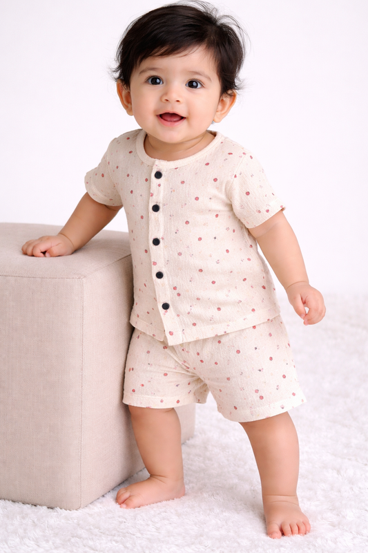 Airport - Crinkled  Front open Tshirt with Shorts Sets (Cream Cherry and Flower)