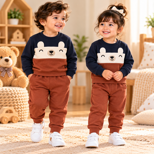 Korean Winter Set for Toddlers & Kids - Navy White And Brown Teddy
