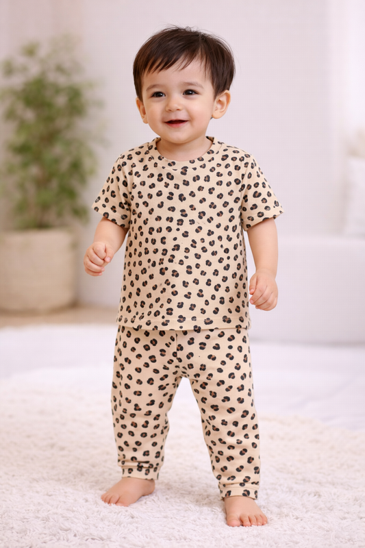Premium Ribbed Half sleeves Tshirt with Pant (Dark Beige Leopard)
