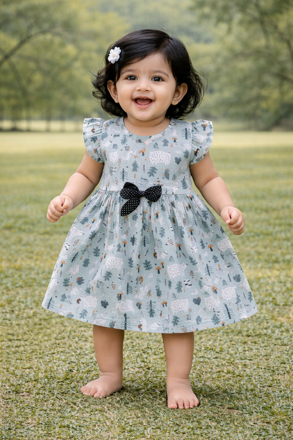 Half Sleeves Frill Frocks with BOW (Ice Blue Dig )