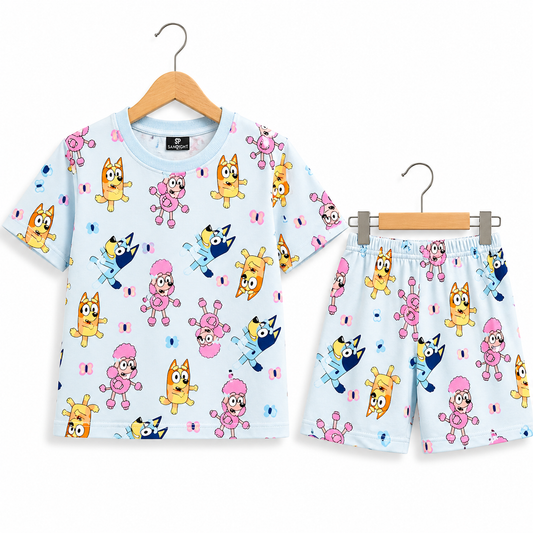 (DS014) - Drop-Shoulder Tshirt & Shorts sets (Multicolour  Blueys)