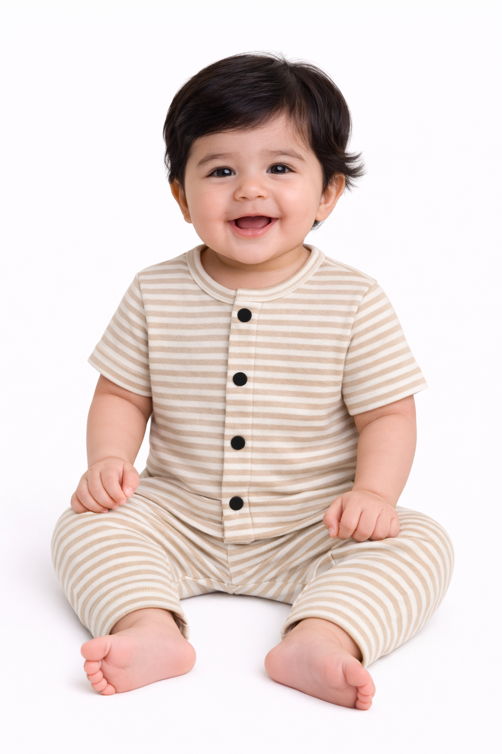 Front Open Half sleeves Cotton Tshirt with Pant (Brown Stripes)