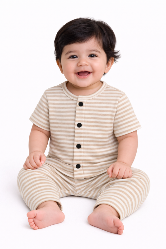 Front Open Half sleeves Cotton Tshirt with Pant (Brown Stripes)