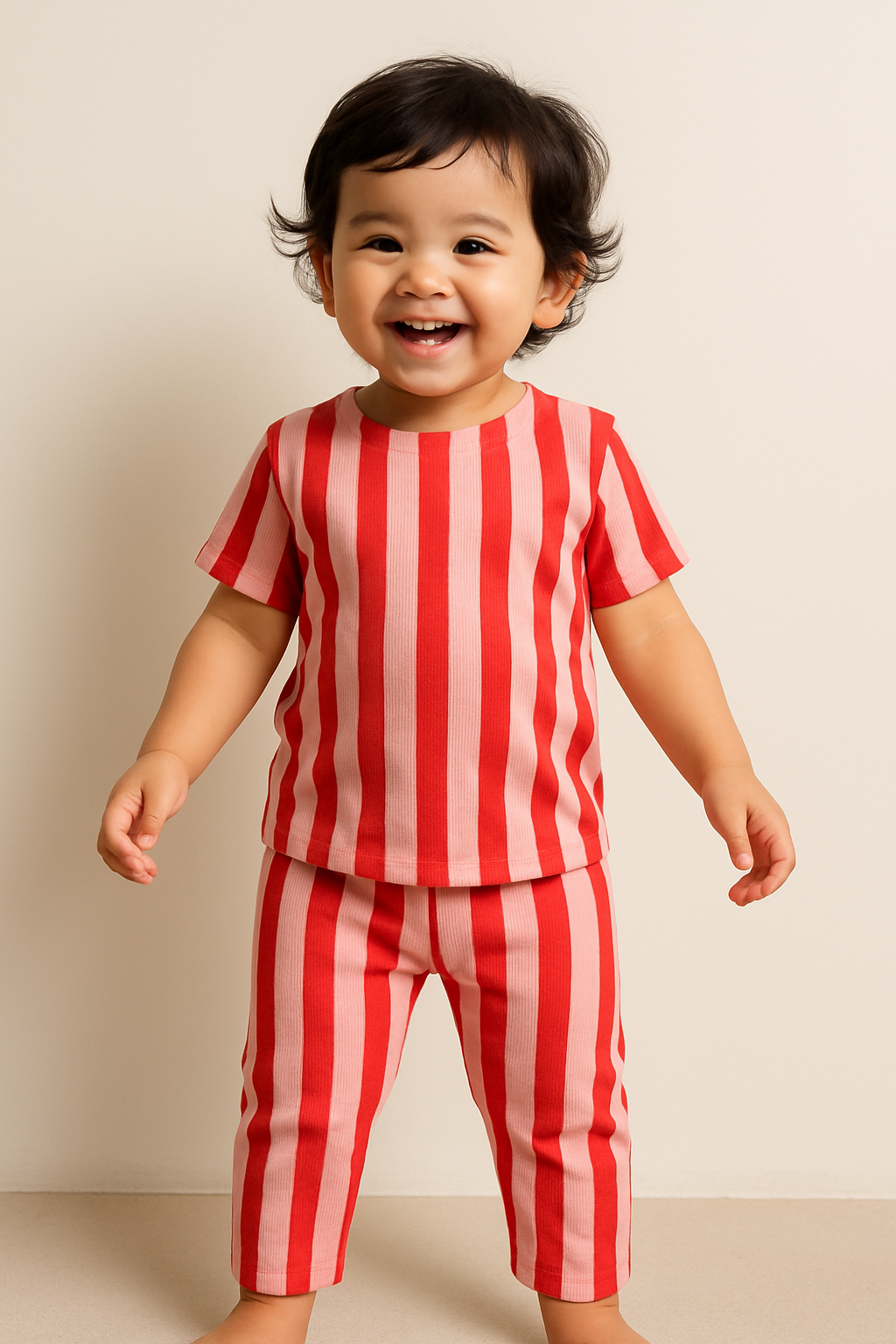 Premium Ribbed Shorts sleeves Tshirt with Pant (Red Striped) (2-4 Yrs)