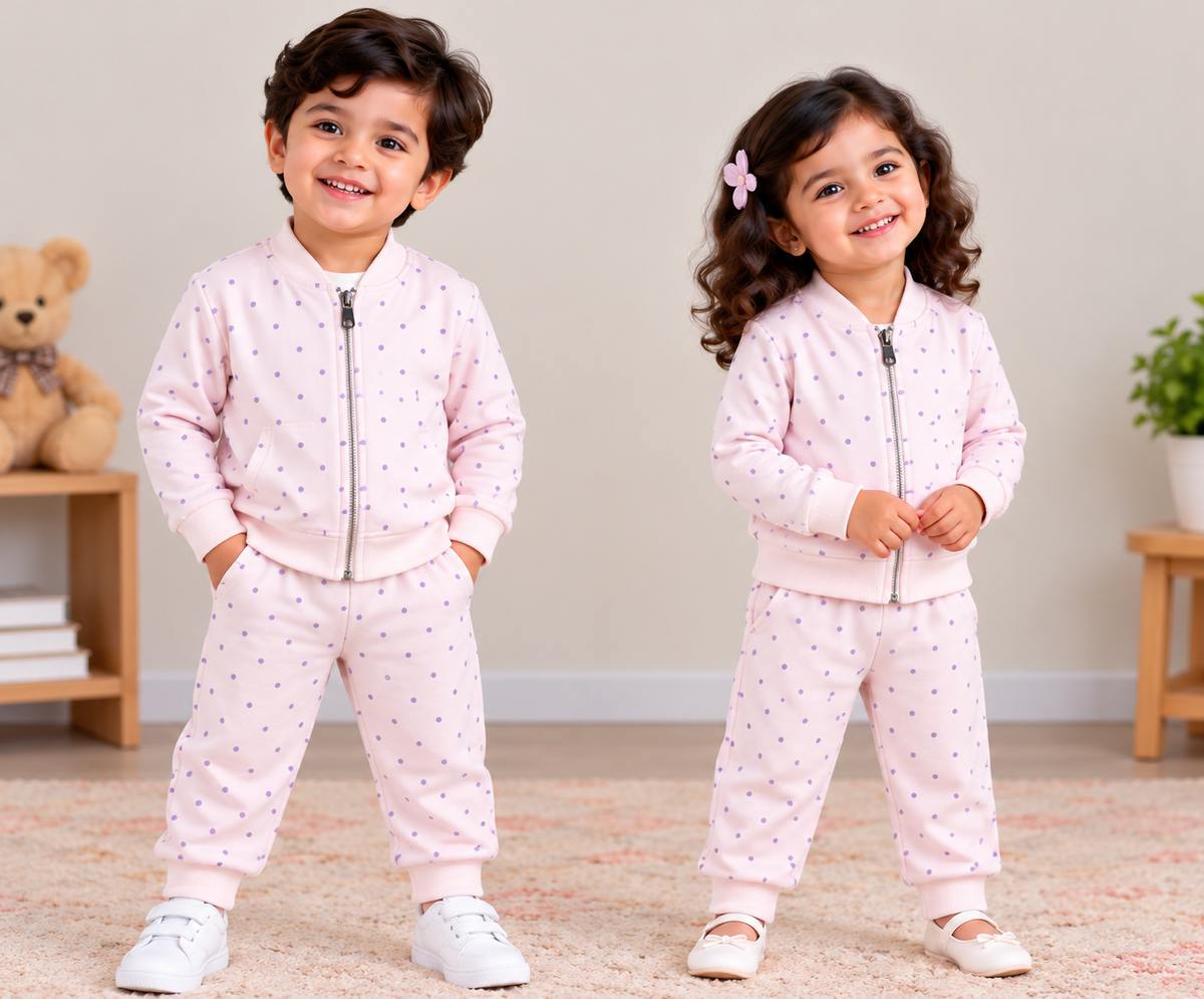 Kids Loopknit Winter Set – Full-Zip Top & Pants, Light Purple Dot  (FZ008)