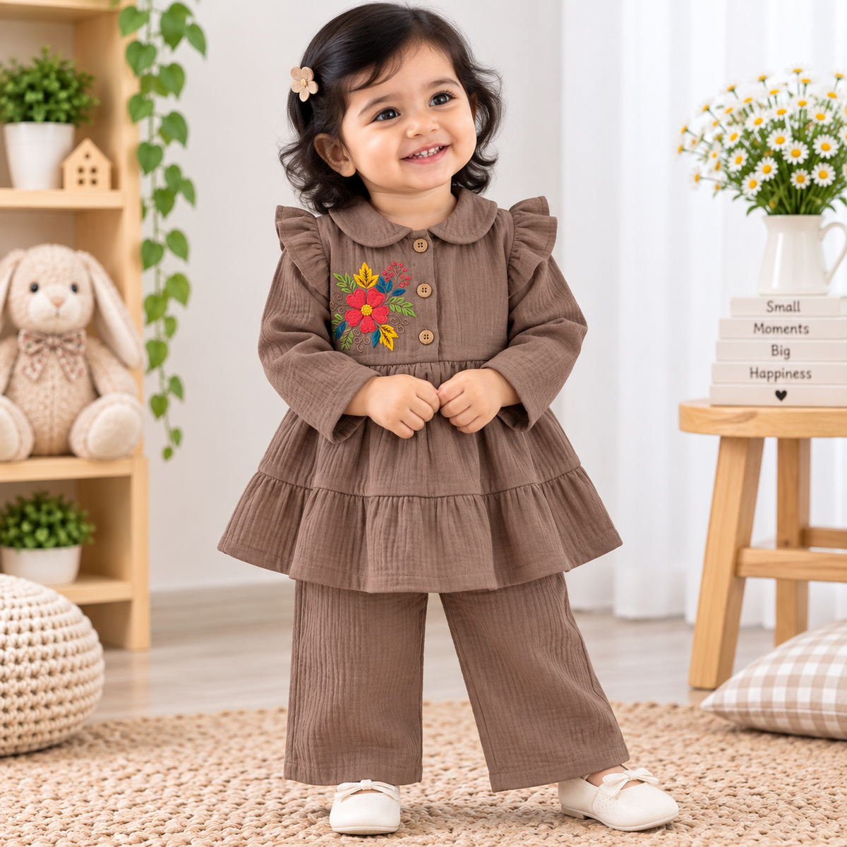 Airport - Kids Muslin Print Peter Pan Collar Frock With Pant (Mocha Red Flower)