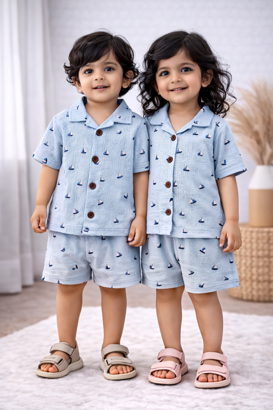 Airport - Crinkled Front open Tshirt with Shorts Sets (Blue Ship)