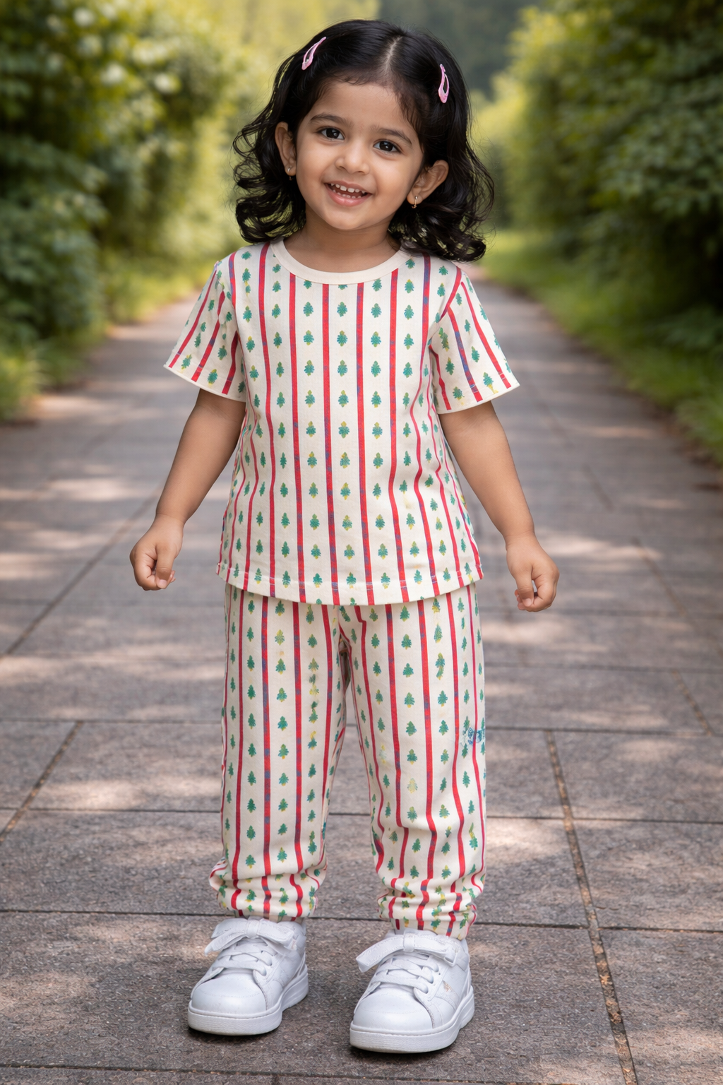 Premium Ribbed Half Sleeves Pajama Set ( Cream Red Green Tress)