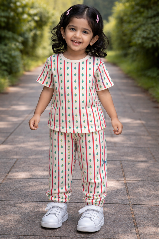Premium Ribbed Half Sleeves Pajama Set ( Cream Red Green Tress)