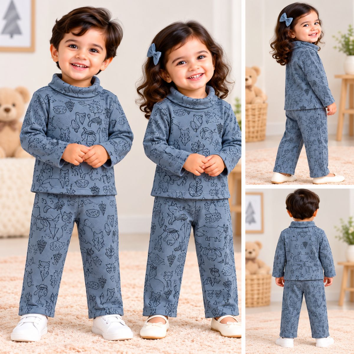 High Neck Ribbed  Full sleeves Tshirt with Pant (Blue Black Animals)