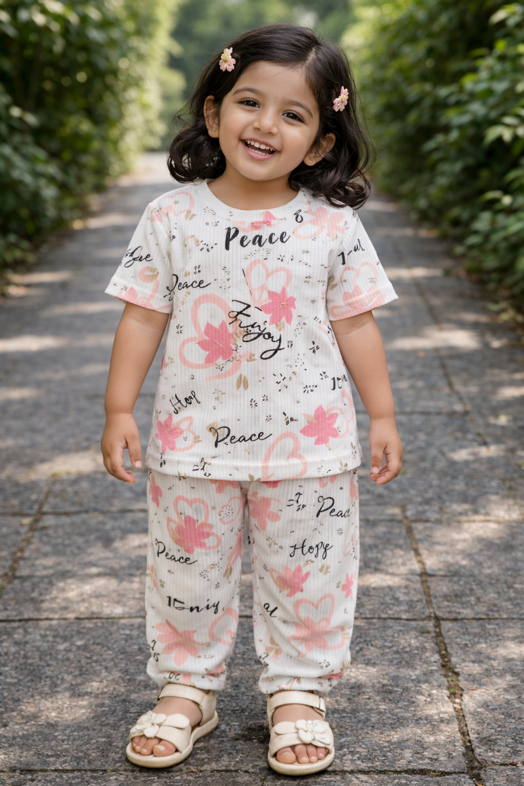 Half sleeves Tshirt with Pant (White Peace Flower)