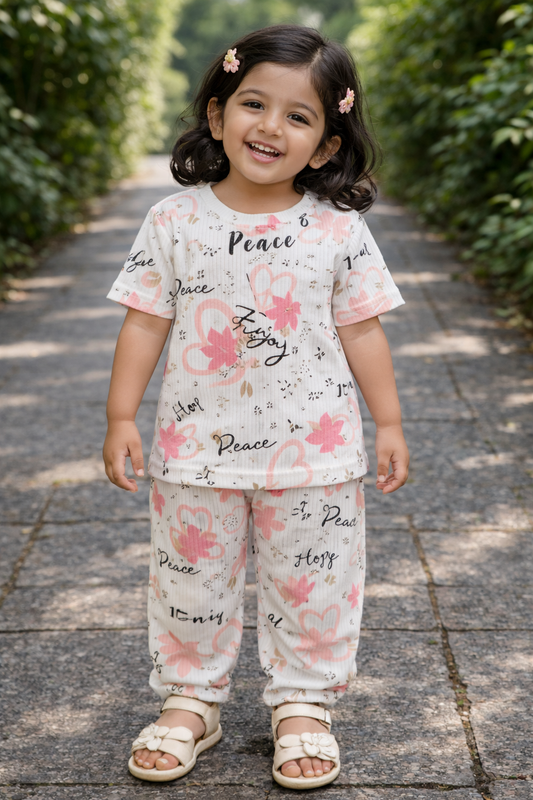 Half sleeves Tshirt with Pant (White Peace Flower)