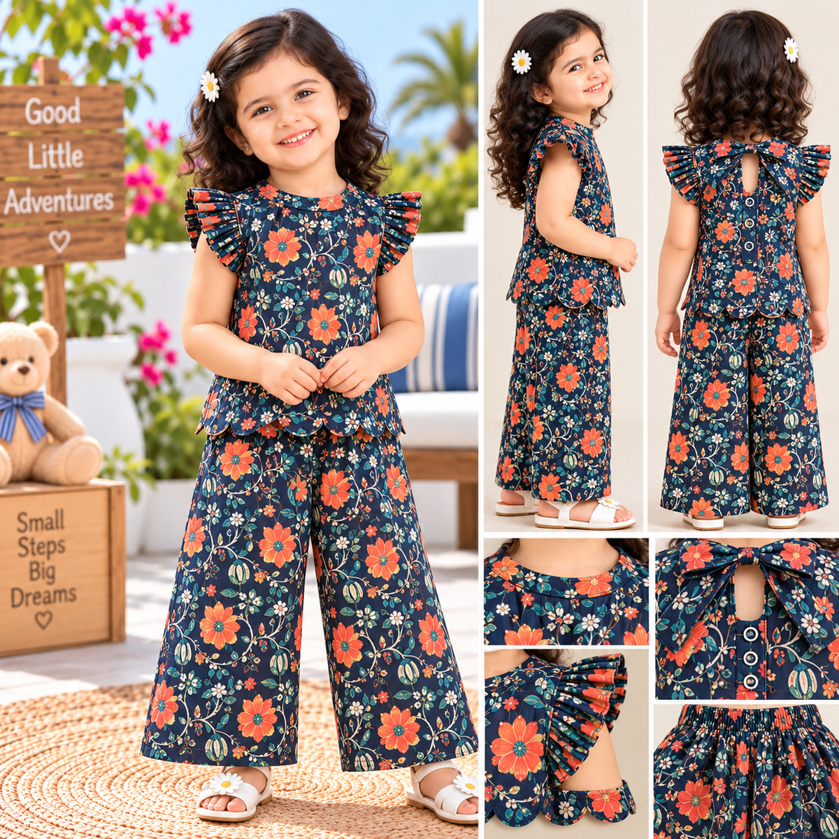 Girls Casual Cotton Printed High Collar & Scallop Top & Pant Co-ord Set (SC006)(Navy Orange Flower)  ( Pre - Booking)