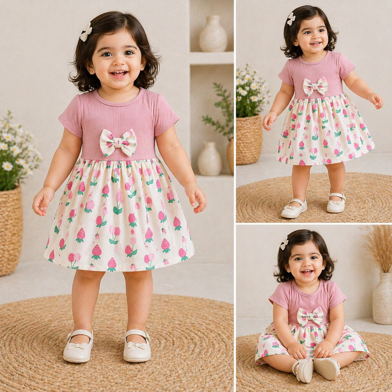 Cotton Half Sleeves Frocks With Bow (Pink Strawberry)