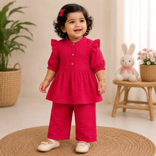 Airport - Kids Muslin  Balloon Sleeves Frock With Pant ( Red 7)