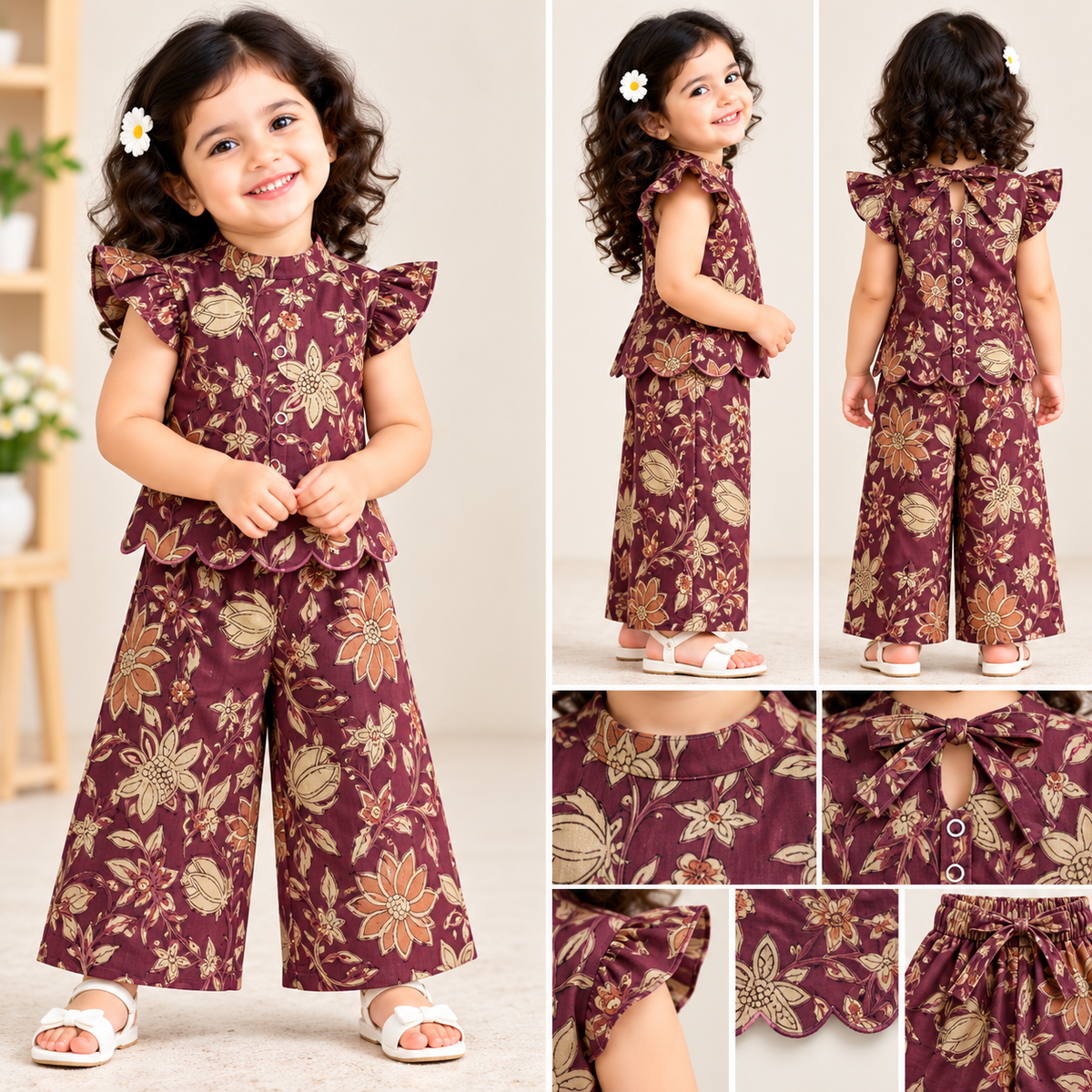 Girls Casual Cotton Printed High Collar & Scallop Top & Pant Co-ord Set (C070) (Mild Magenta)