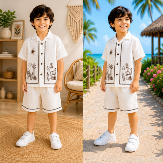 (LB004) - Linen Blend Embroidered Co- Ord Set  (White Brown Sun )