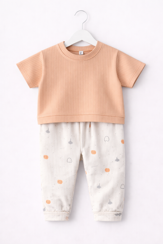Premium Ribbed Half sleeves Tshirt with Contrast Pant( Light Orange Pumpkins)