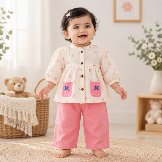 Airport - Kids Muslin  Balloon Sleeves Frock With Pant (Cream Peachy)