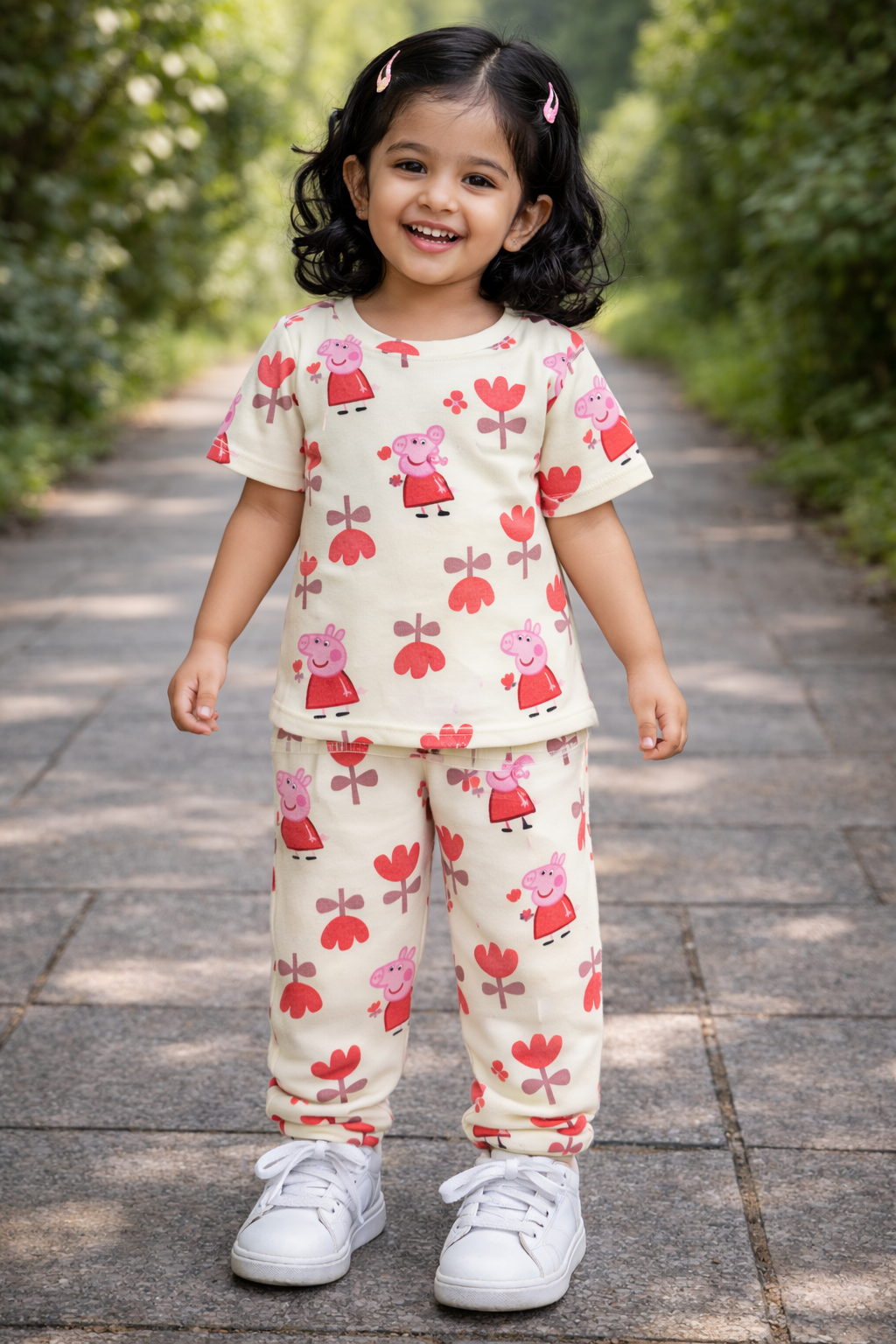 Premium Ribbed Half Sleeves Pajama Set (Cream &b Red Lotus)