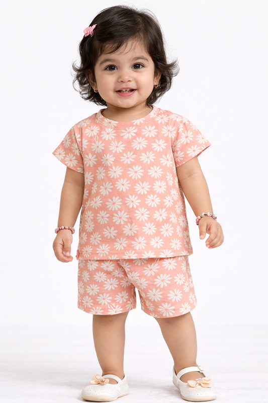 Cotton Shorts Sleeves Tshirt with Shorts Sets (Fanta Flowers)
