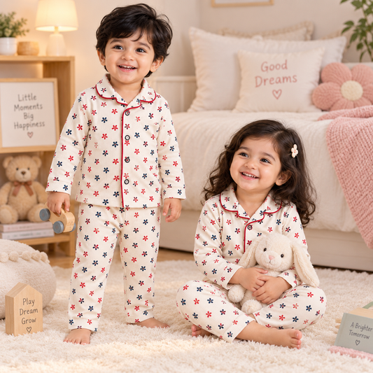 Premium Ribbed Collar full Sleeves Night Suit Sets (Cream Red Flower)