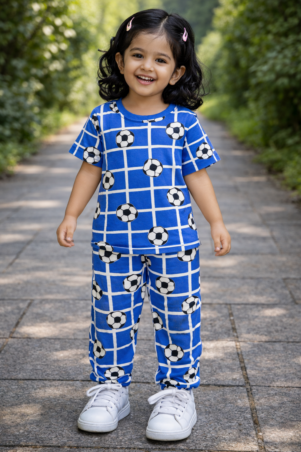 Premium Ribbed Half Sleeves Pajama Set (Blue White Ball)