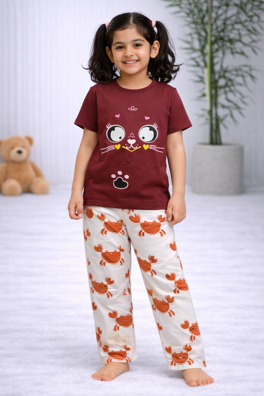 Premium Cotton Contrast Half Sleeves Pajama Set (Brown -  Orange Hearts)