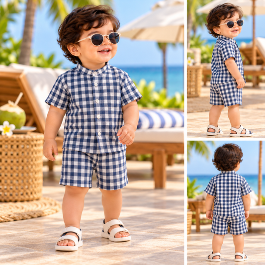 Airport Kids Cotton Muslin Shirt & Shorts Set (Navy Boxs)